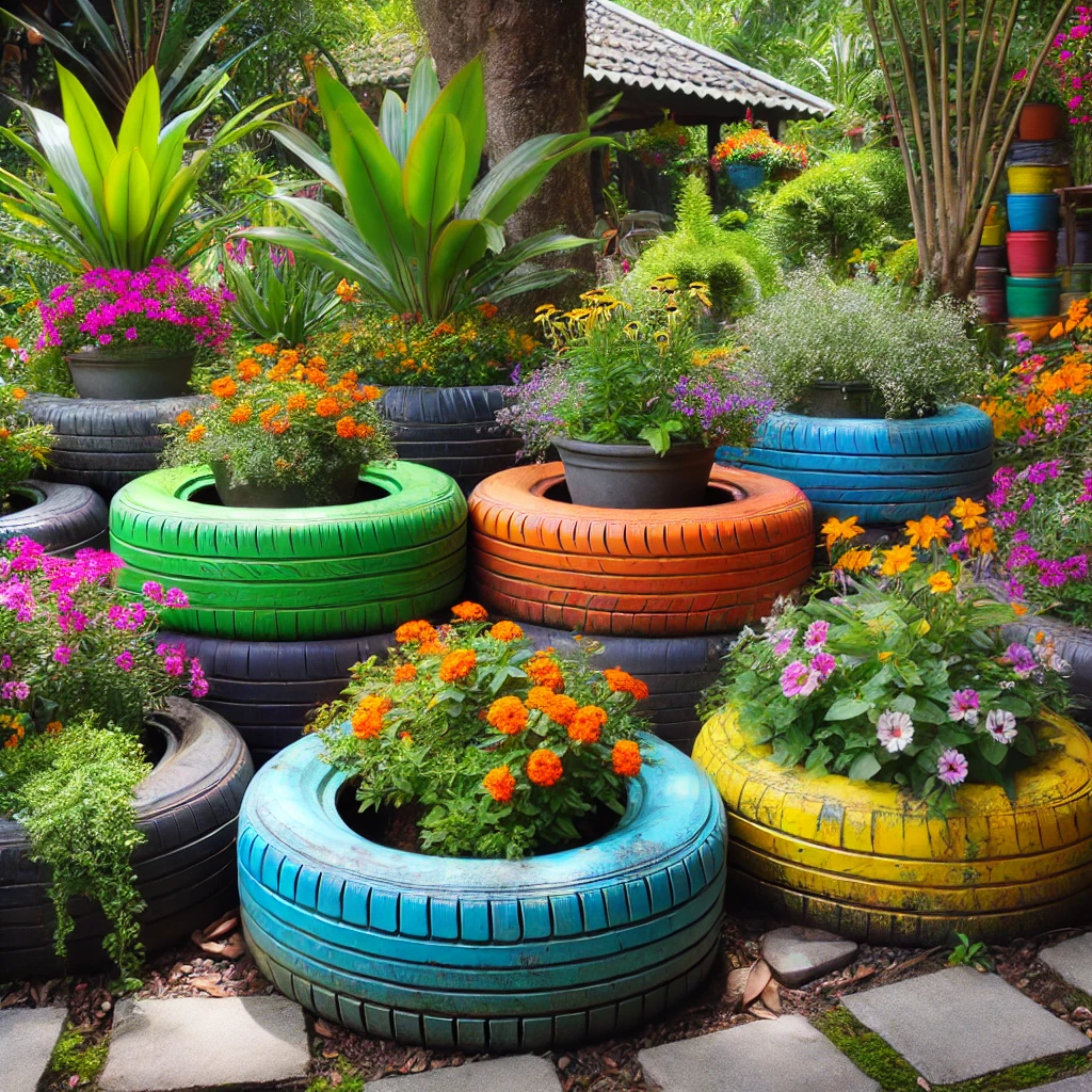 Colorful garden with flowers in painted tires used as planters, creating a vibrant recycled garden decor under shaded tree.