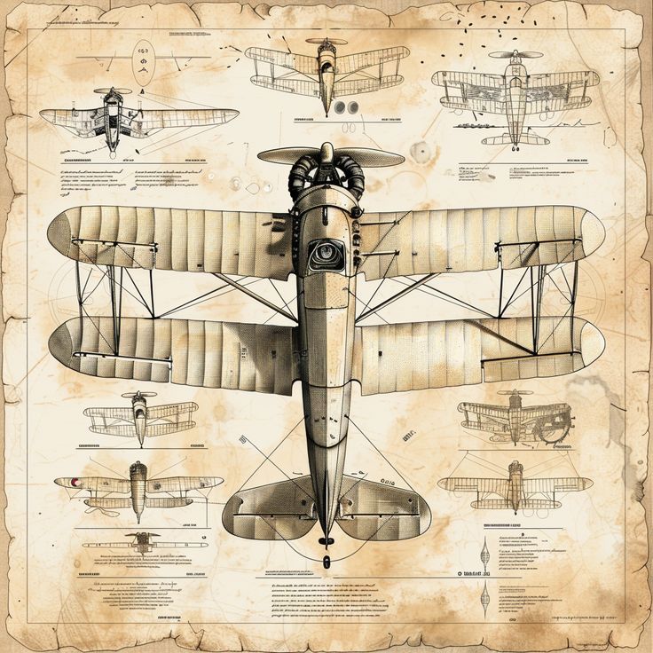 Vintage aircraft blueprint featuring detailed designs and specifications of a biplane on a sepia-toned parchment background.