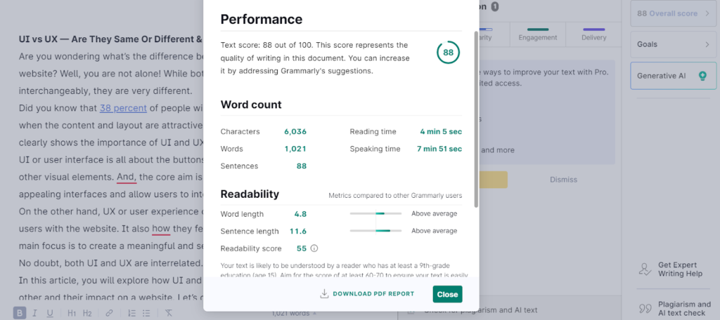 Grammarly performance analysis showing an overall score of 88, with word count and readability metrics for a UI vs UX article.