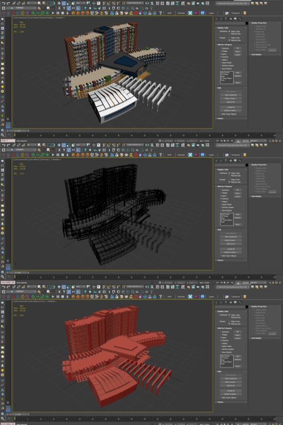 3D architectural model showing building designs in wireframe, shaded, and textured views within a design software interface.