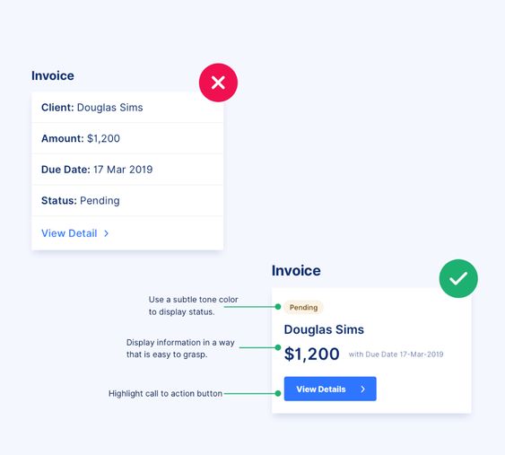 Comparison of an incorrect vs. correct invoice design with highlighted changes for better visibility and readability.