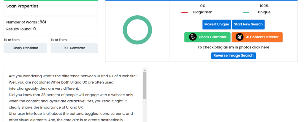 Plagiarism checker interface displaying 0% plagiarism and 100% unique results for a text about the difference between UI and UX.