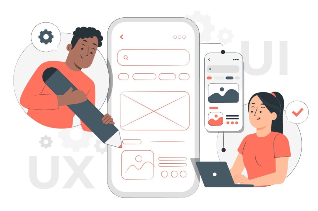 Illustration of designers creating a mobile app UI/UX design, featuring a large smartphone and various development tools.