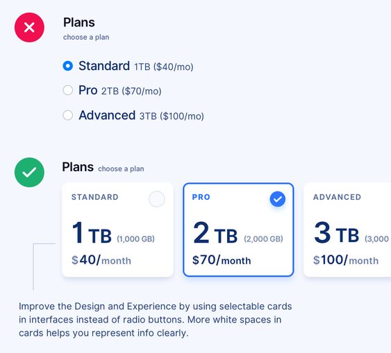 Comparison between using selectable cards vs radio buttons for plan choices: 1TB for /month, 2TB for /month, 3TB for 0/month.