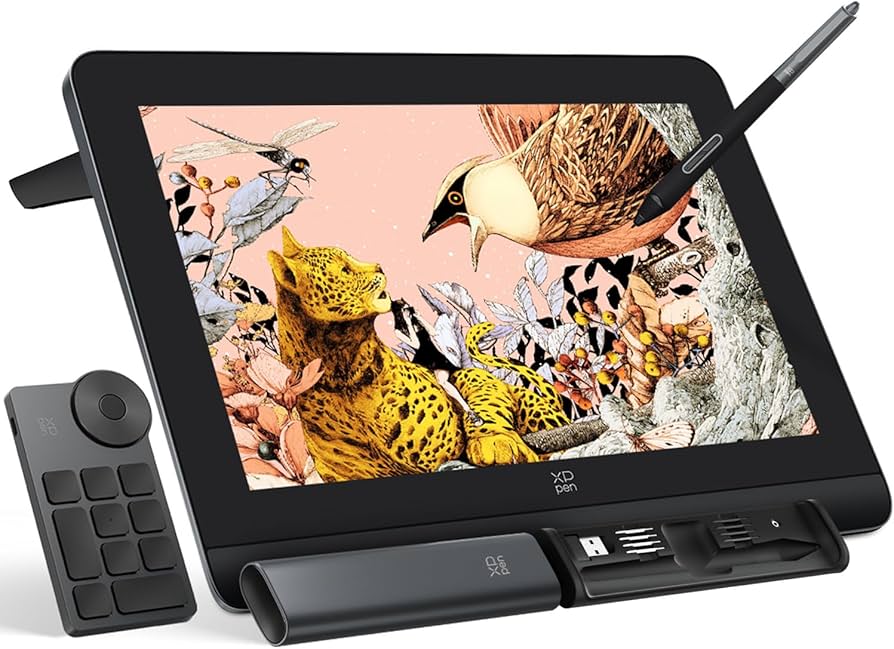 XP-Pen Artist Pro 13.3 drawing tablet with stylus, remote, and stand. Vivid art featuring a leopard and a bird displayed on the screen.