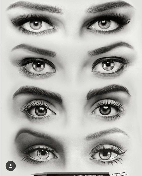 Realistic pencil drawings of expressive eyes with various eyebrow styles, showcasing detailed artistry and shading techniques.