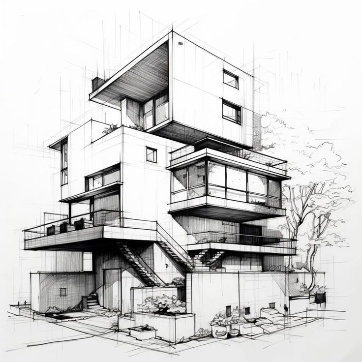 Architectural sketch of a modern, multi-story house with large windows and angular design elements, surrounded by trees.