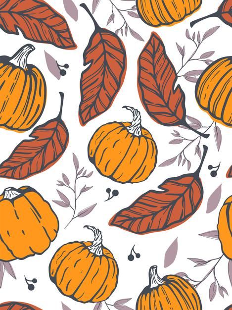 Illustrated autumn pattern with orange pumpkins, brown leaves, and branches on a white background.