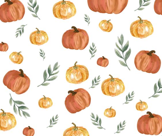 Watercolor pattern of orange pumpkins and green leaves on a white background, perfect for fall or Thanksgiving decor.