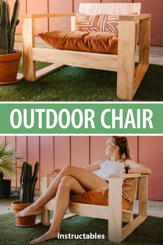 Modern wooden outdoor chair with orange cushion pads, young woman lounging comfortably, vibrant backyard setting.