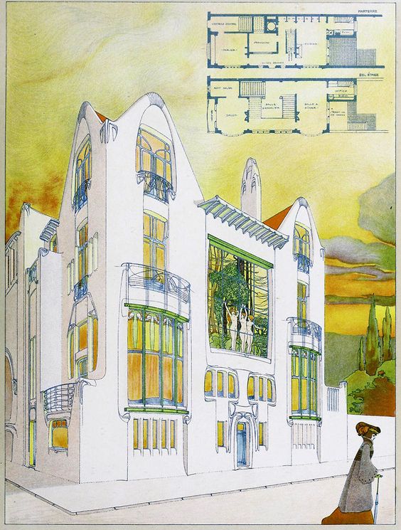 Art Nouveau architectural drawing of a building with detailed facade and floor plans, featuring arches and decorative windows.