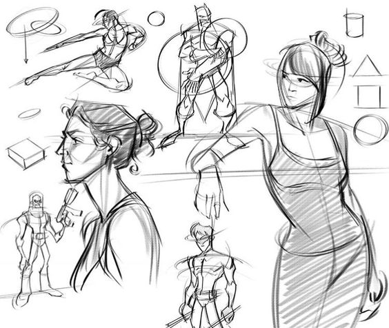 Sketches of male and female characters posing, in dynamic action stances, surrounded by geometric shapes and forms.