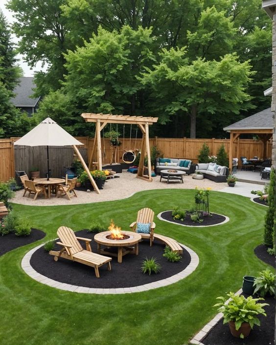 Backyard with lush green lawn, fire pit, wooden chairs, pergola swing, dining area, and cozy seating under trees.