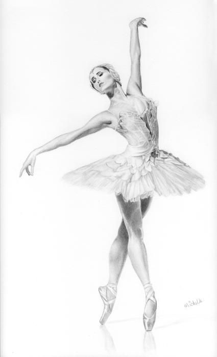 Elegant ballerina in a tutu gracefully poses en pointe. Black and white drawing capturing the beauty and precision of ballet.