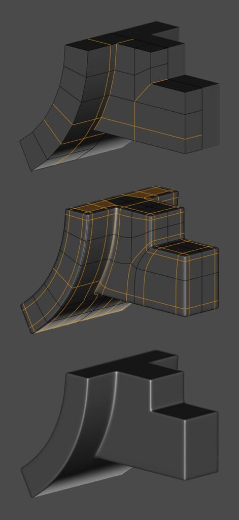 3D modeling workflow, progressing from wireframe to smooth mesh, demonstrating subdivision surface techniques.