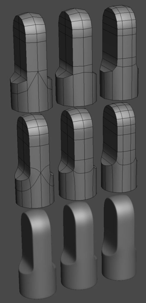 Digital 3D model progression of a sculpted object from blocky low-poly to smooth high-poly, shown in three vertical columns.