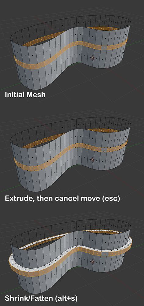 Blender 3D modeling mesh tutorial showing steps for extruding and using shrink/fatten tools on a wavy polygonal mesh.