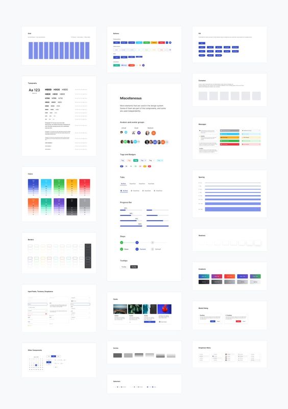 Design system template displaying various UI elements such as typography, color palettes, buttons, and progress bars.