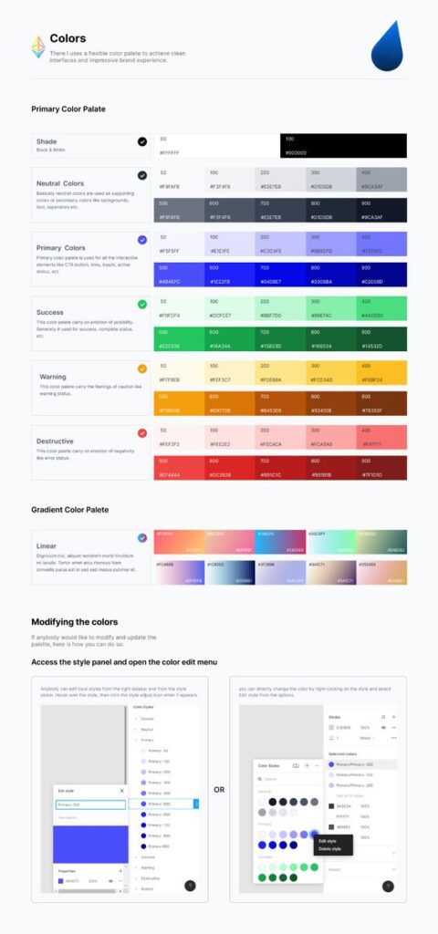 Color palette guide showing various shades including neutral, primary, success, warning, destructive, gradient, and editing instructions.