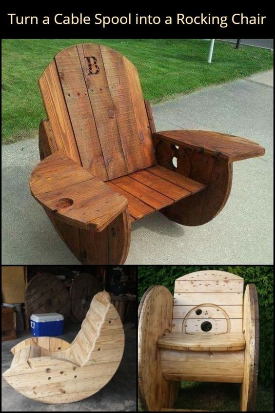 DIY rocking chairs made from wooden cable spools. Creative, rustic furniture idea perfect for home projects and upcycling enthusiasts.