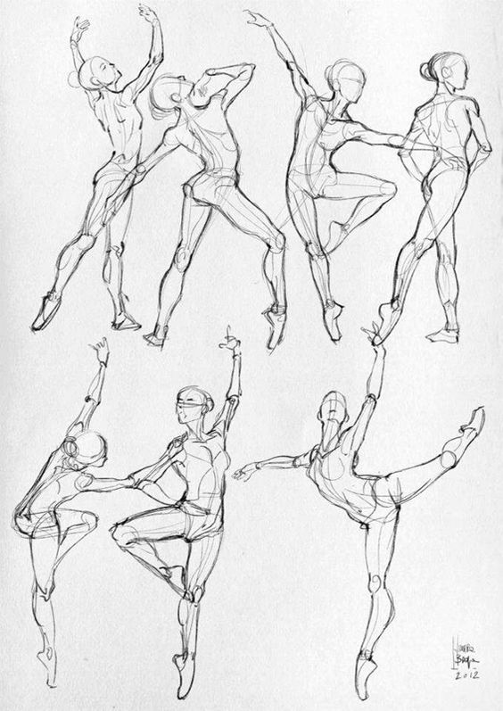 Sketches of ballet dancers in various graceful poses, drawn in pencil, demonstrating fluid movement and elegant form.