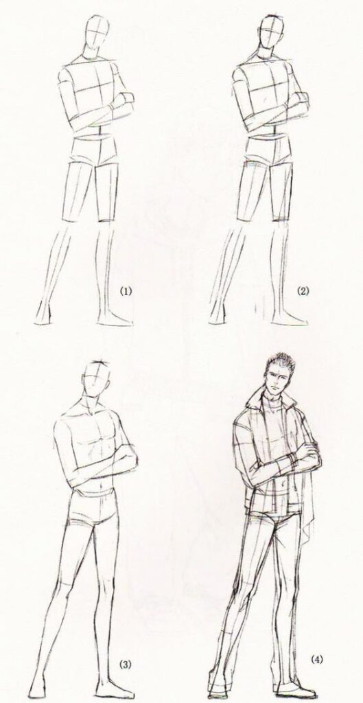 Step-by-step male figure drawing progression, from basic sketch to detailed character with clothing and defined features.