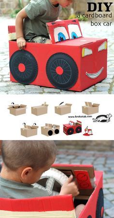 Child playing in a red cardboard box car, DIY craft project with step-by-step instructions shown underneath.