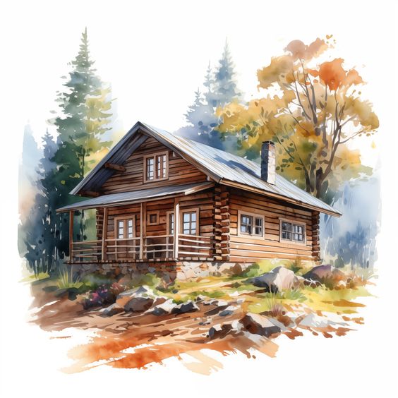 A cozy log cabin surrounded by autumn trees in a serene forest setting, blending nature and rustic architecture.