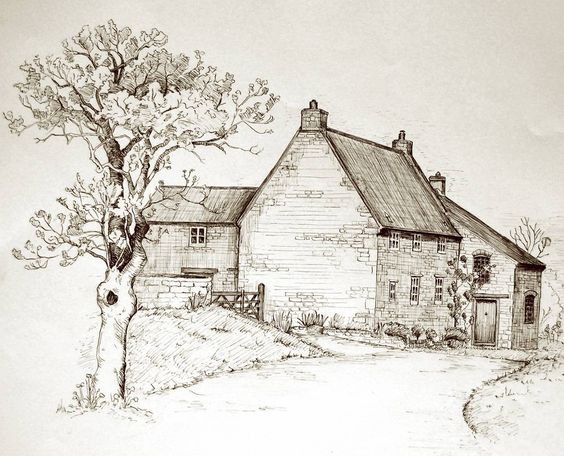 Sketch of a rustic stone house with a tree in the foreground on a winding path, countryside scenery.