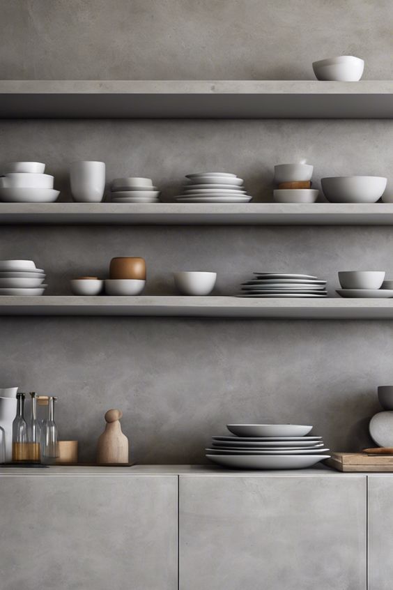 Minimalist kitchen shelves with neatly arranged white and gray dishes and utensils against a concrete wall background.