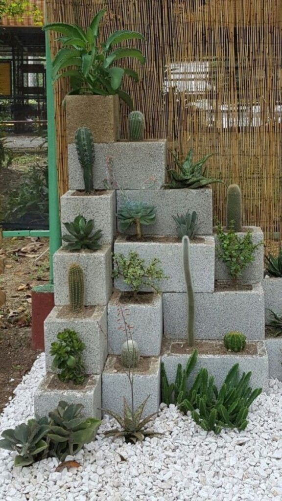 Vertical cinder block garden with a variety of cacti and succulents on white gravel, set against a bamboo backdrop.