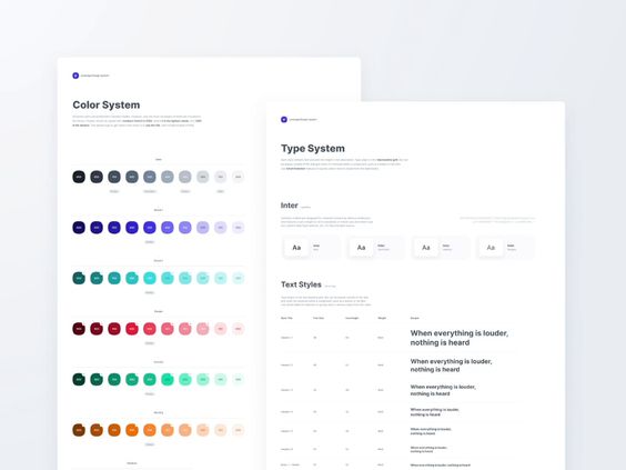 Design guidelines showcasing color system and type system with various palettes, fonts, and text styles.