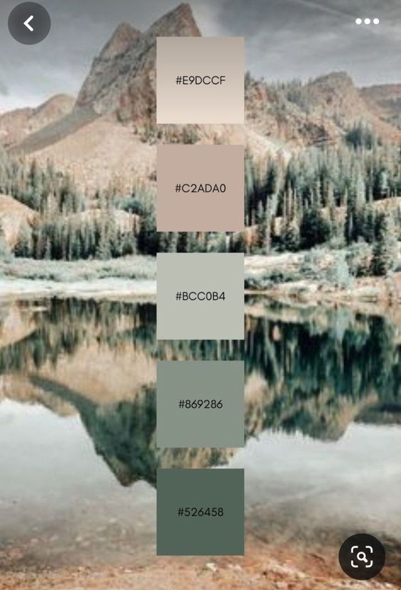 Mountain lake scene with mirrored reflection and color swatches: #E9DCCF, #C2ADA0, #BCC0B4, #869286, #526458.