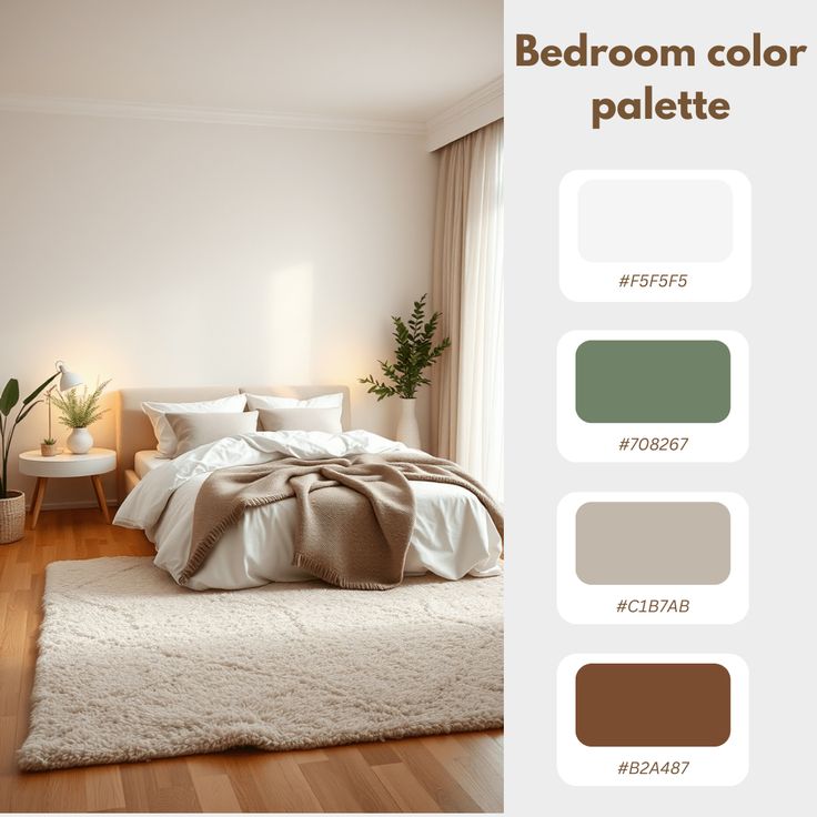 Modern bedroom with cozy decor and an earthy color palette including white, green, beige, and brown. Warm lighting.