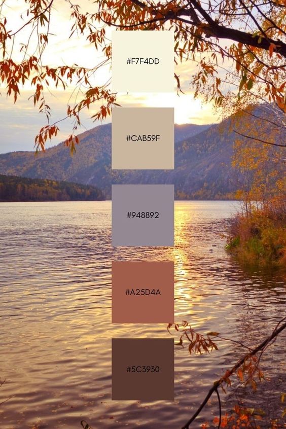 Autumn sunset over a serene lake with color palette swatches (#F7F4DD, #CAB59F, #948892, #A25D4A, #5C3930).