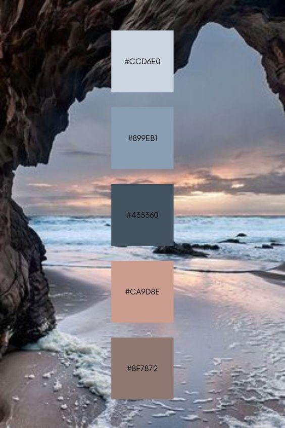 Ocean view color palette with hex codes: #CCD6E0, #899EB1, #435360, #CA9D8E, and #8F7872. Coastal inspiration.