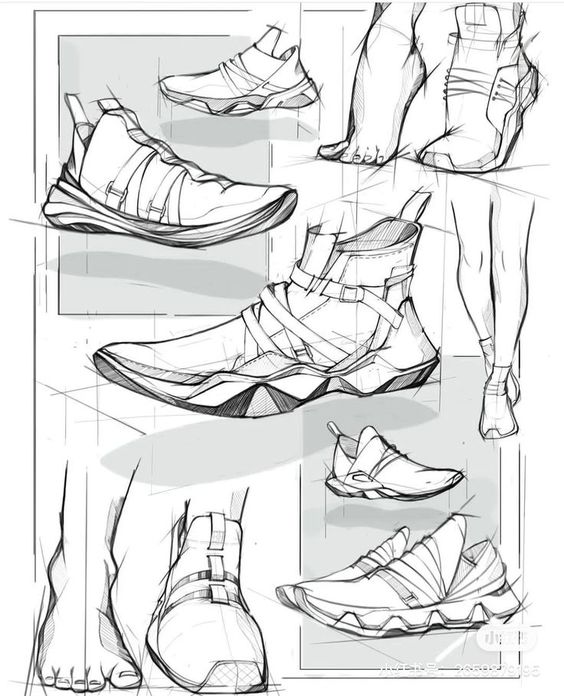 Sketches of modern athletic shoe designs, including various angles and details, alongside illustrations of feet.