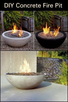 DIY concrete fire pit designs for outdoor decor, showcasing various bowl styles with flames. Ideal for backyard and garden ambiance.