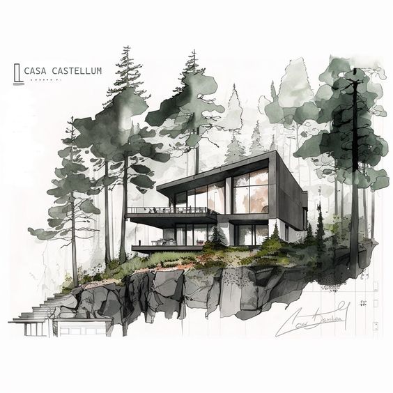 Modern cliffside house surrounded by trees, Casa Castellum architectural rendering.