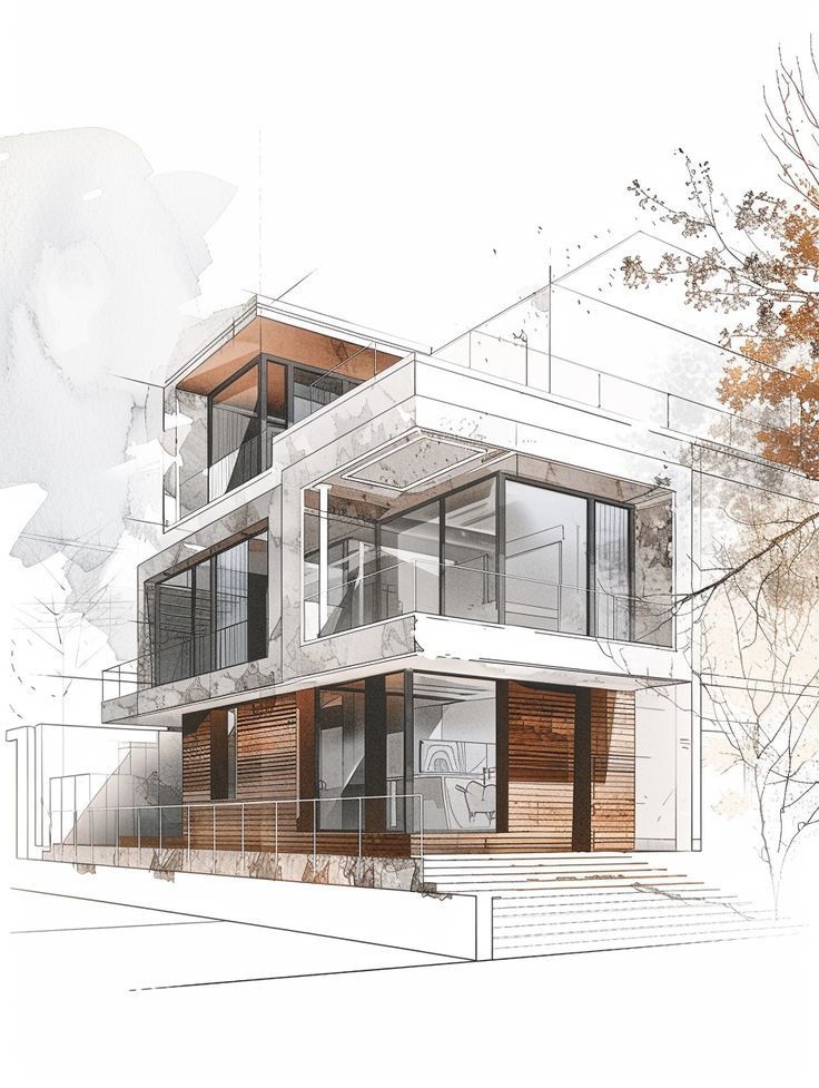 Architectural sketch of a modern, multi-story building with glass windows, wooden cladding, and a minimalist design.