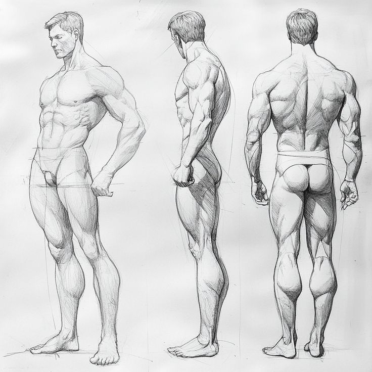 Detailed anatomical sketch of the muscular male form from three angles for anatomy study and artistic reference.