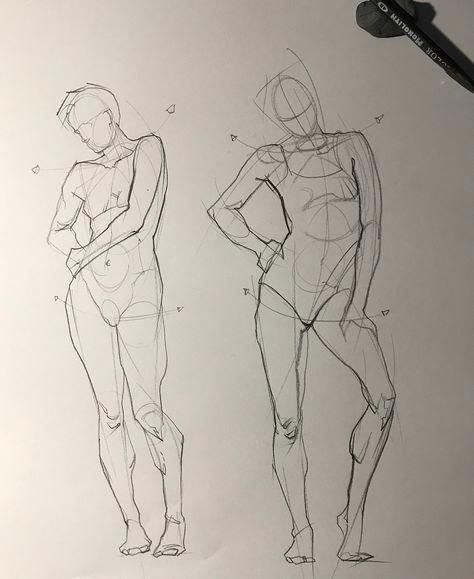 Sketch of two human figures in different poses with a pencil on paper. Art study demonstrating human anatomy and gesture.