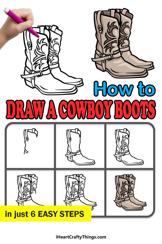 Step-by-step guide on how to draw a cowboy boot in six easy steps with illustrations and a hand holding a pencil.