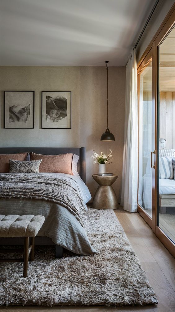 Modern bedroom with cozy rug, stylish decor, large bed, pendant light, and glass doors opening to a serene balcony.