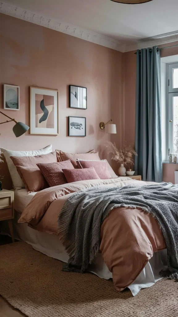 Cozy bedroom with pink walls, pink bedding, gray throw blanket, framed art, and natural light from a window with blue curtains.