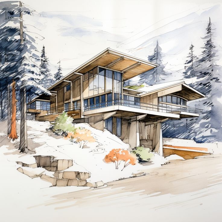 Architectural sketch of a modern mountain home surrounded by snow and pine trees, featuring large windows and an angular roof.