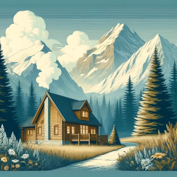 A cozy cabin with a smoking chimney nestled in a pine forest with majestic snow-capped mountains in the background.