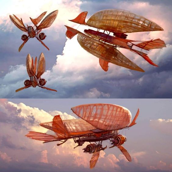 Steampunk flying machine with transparent wings gliding through a cloudy sky, showcasing intricate mechanical design and vibrant orange hues.