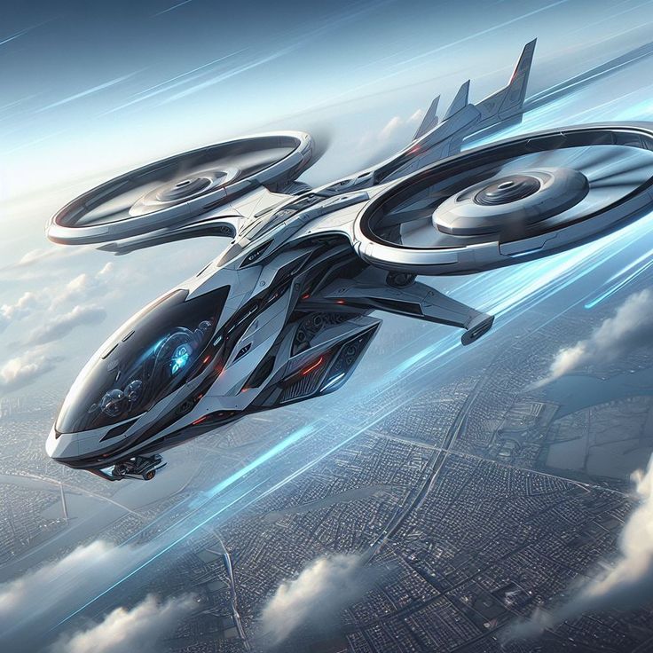 Futuristic drone aircraft flying over a cityscape, showcasing advanced aerospace technology and sleek design.