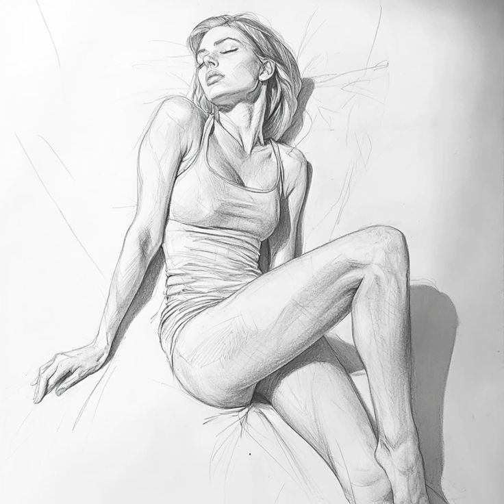 Pencil sketch of a relaxed woman lying down, wearing a tank top and shorts, showing detailed shading and anatomy.